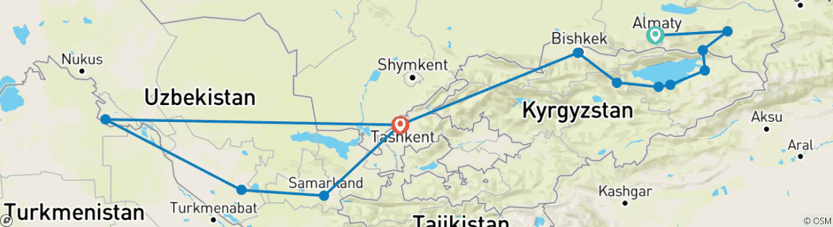 Carte du circuit À travers les steppes et la route de la soie, circuit de 14 jours de 3Stans