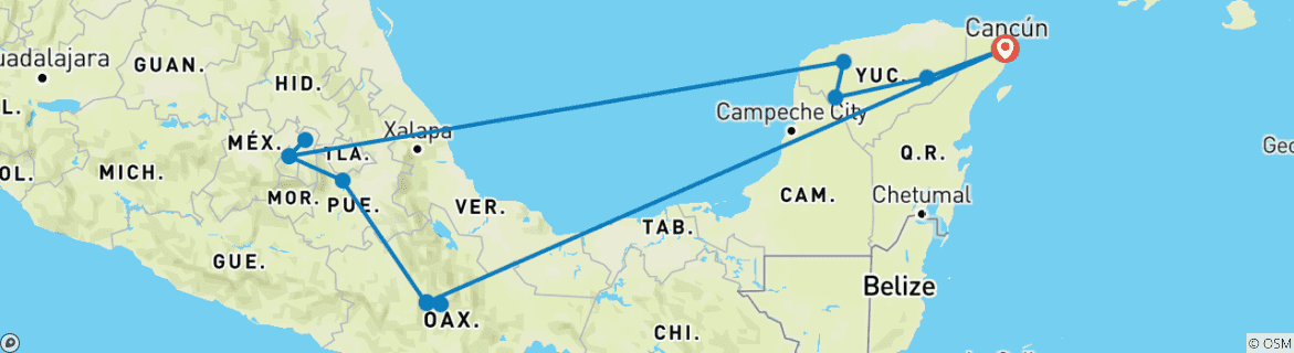 Image of a map showing the route of the tour