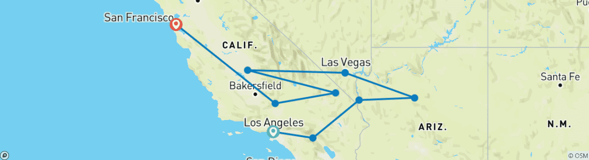 Image of a map showing the route of the tour