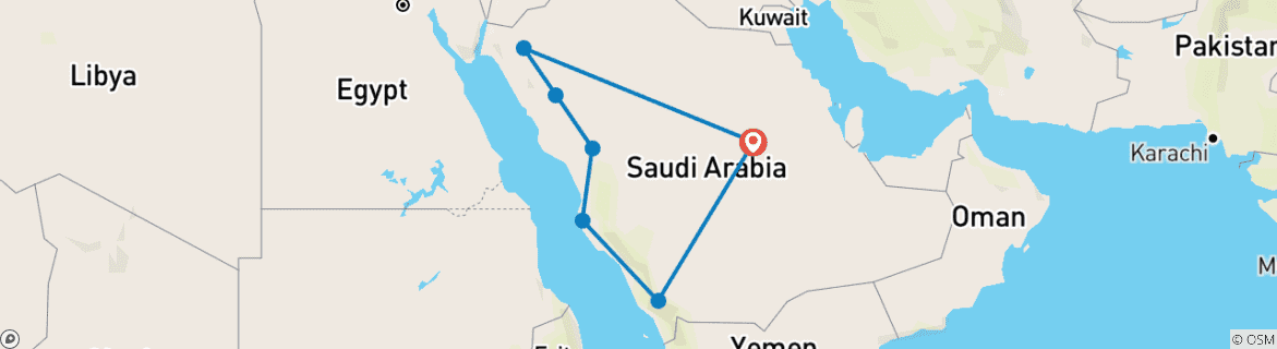 Image of a map showing the route of the tour