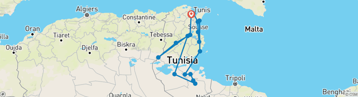 Image of a map showing the route of the tour