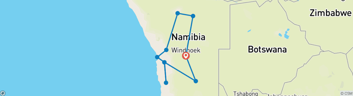 Image of a map showing the route of the tour