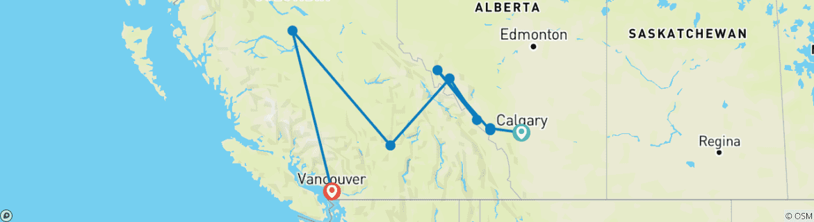 Image of a map showing the route of the tour