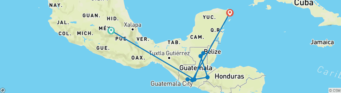 Image of a map showing the route of the tour
