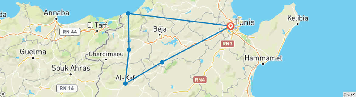 Image of a map showing the route of the tour