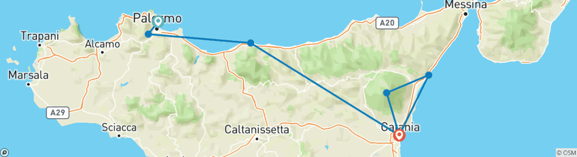 Image of a map showing the route of the tour
