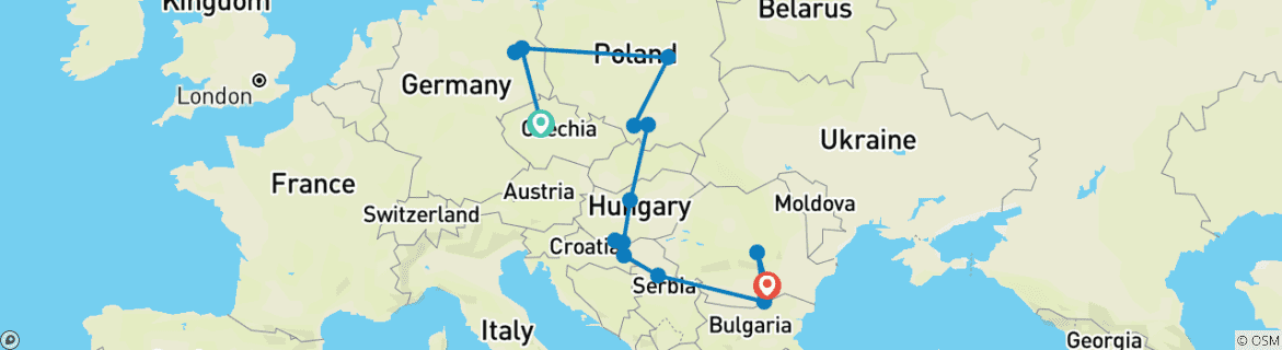 Image of a map showing the route of the tour