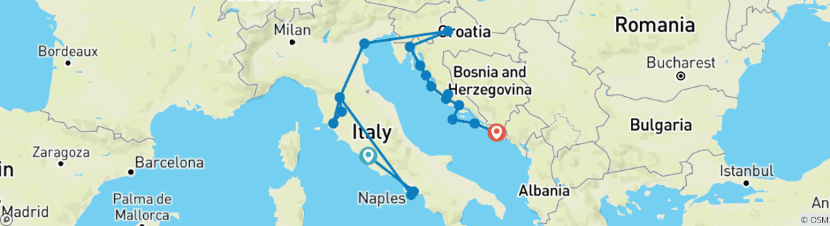 Carte du circuit Saveurs d'Italie avec la croisière côtière Adriatique Rome → Dubrovnik (2027)