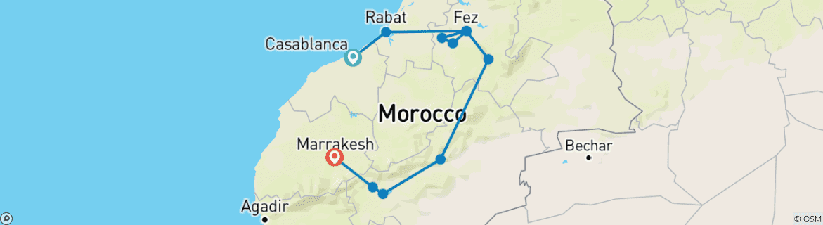 Image of a map showing the route of the tour