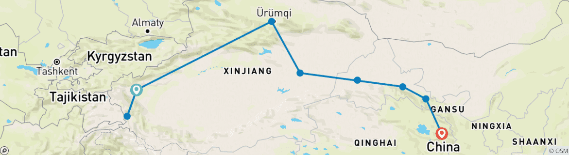 Image of a map showing the route of the tour
