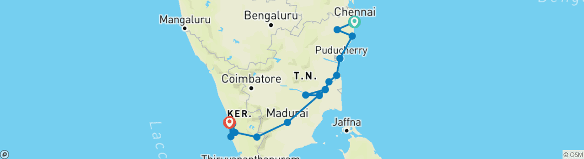 Image of a map showing the route of the tour