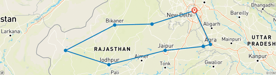 Image of a map showing the route of the tour