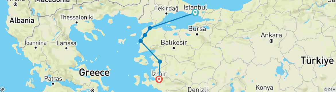 Image of a map showing the route of the tour