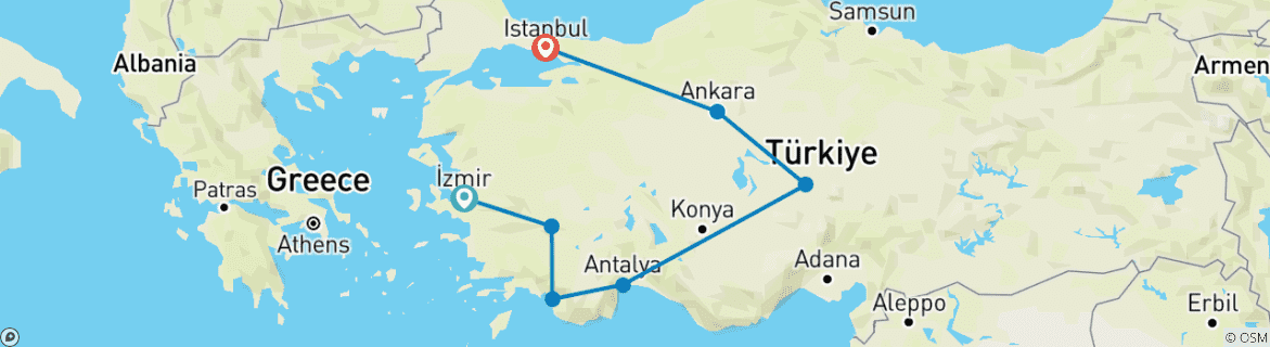 Image of a map showing the route of the tour