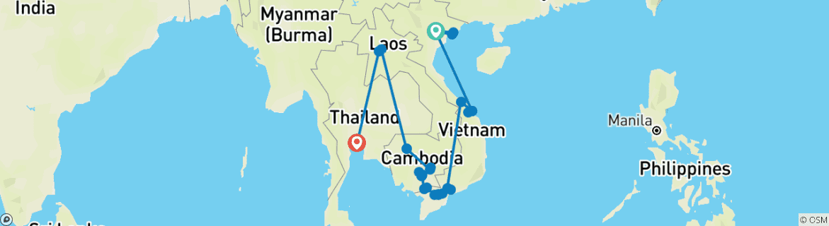 Image of a map showing the route of the tour