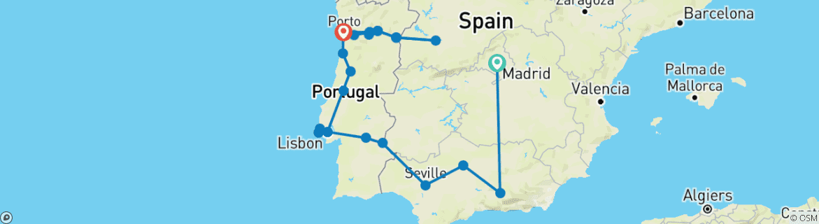 Image of a map showing the route of the tour