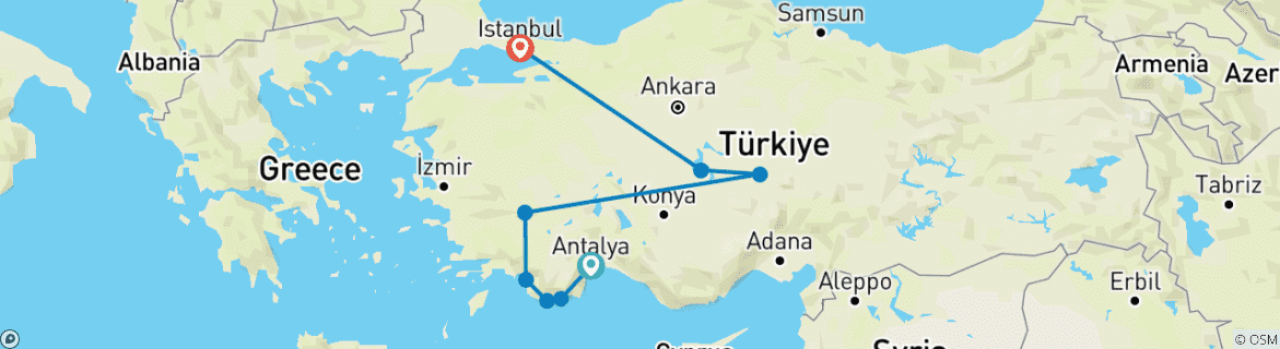 Image of a map showing the route of the tour