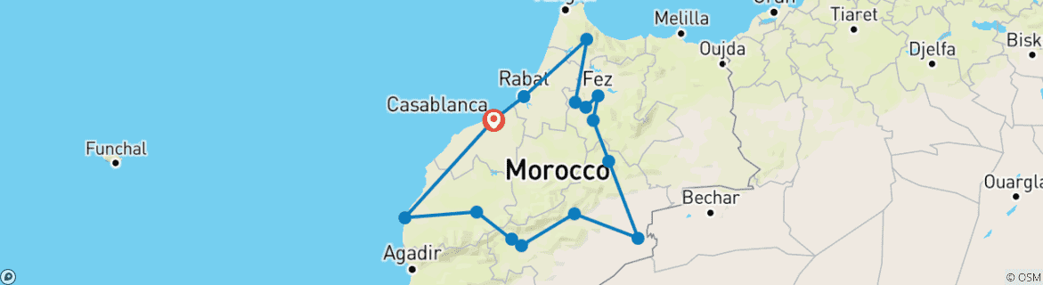 Image of a map showing the route of the tour
