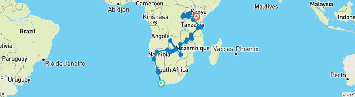 Image of a map showing the route of the tour