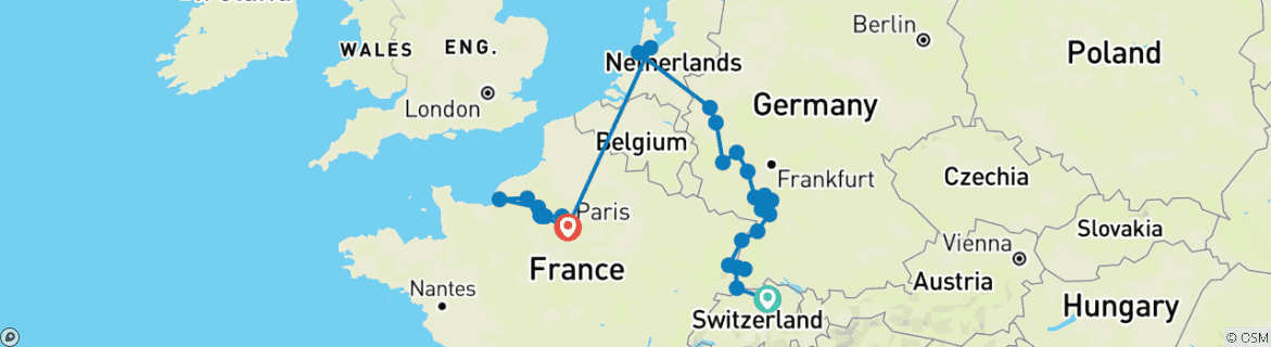 Image of a map showing the route of the tour