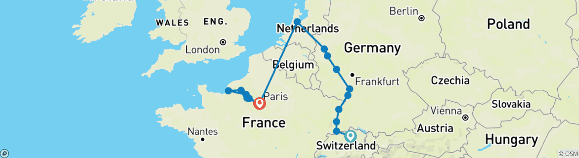 Image of a map showing the route of the tour