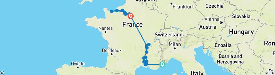 Image of a map showing the route of the tour