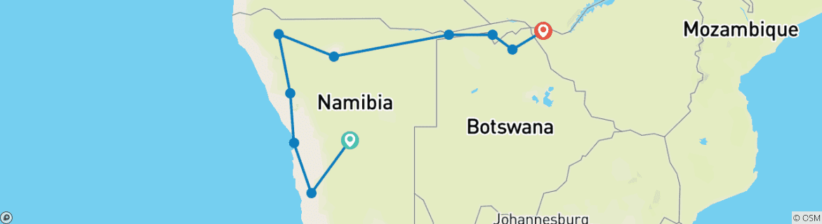 Image of a map showing the route of the tour