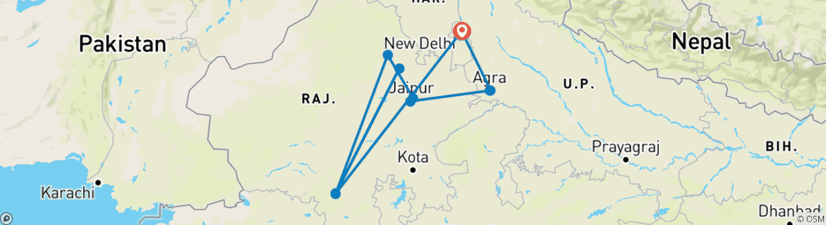 Image of a map showing the route of the tour