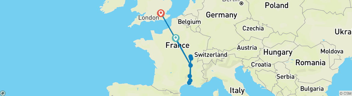 Image of a map showing the route of the tour