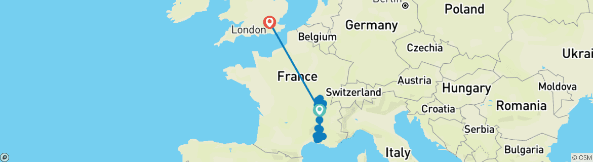 Carte du circuit Spectaculaire Sud de la France avec Londres