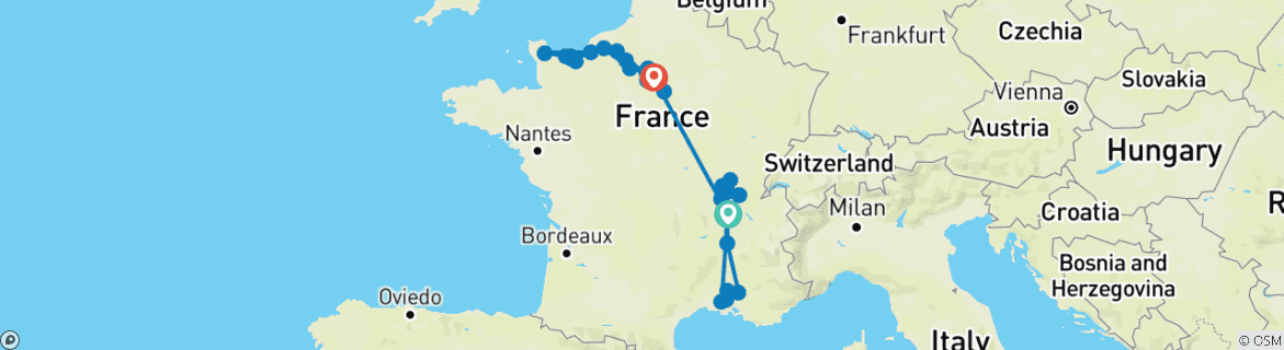 Carte du circuit La Normandie, les joyaux de la Seine et le spectaculaire Sud de la France 2027 - 21 jours (de Lyon à Paris)