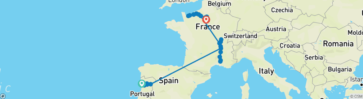 Image of a map showing the route of the tour