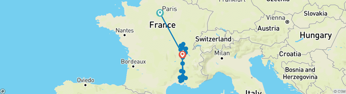 Carte du circuit Le Sud de la France avec Paris en point de mire