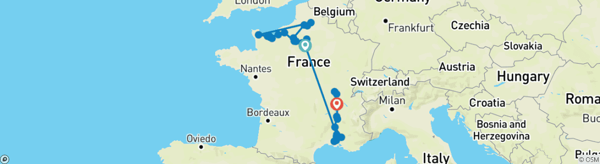 Carte du circuit Normandie & joyaux de la Seine & spectaculaire Sud de la France 2027 - 21 jours