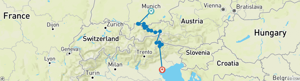 Image of a map showing the route of the tour