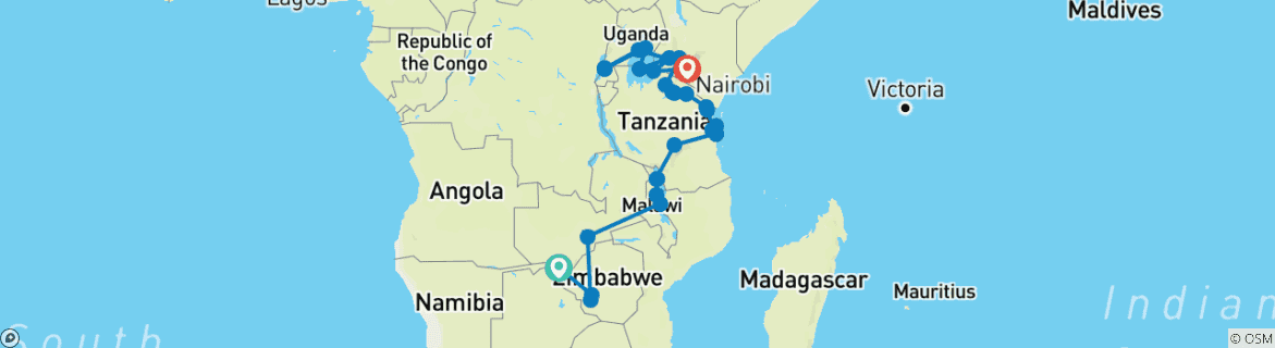 Image d'une carte montrant l'itinéraire du circuit