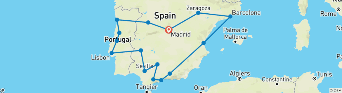 Carte du circuit 13 jours Portugal, Andalousie et côte méditerranéenne