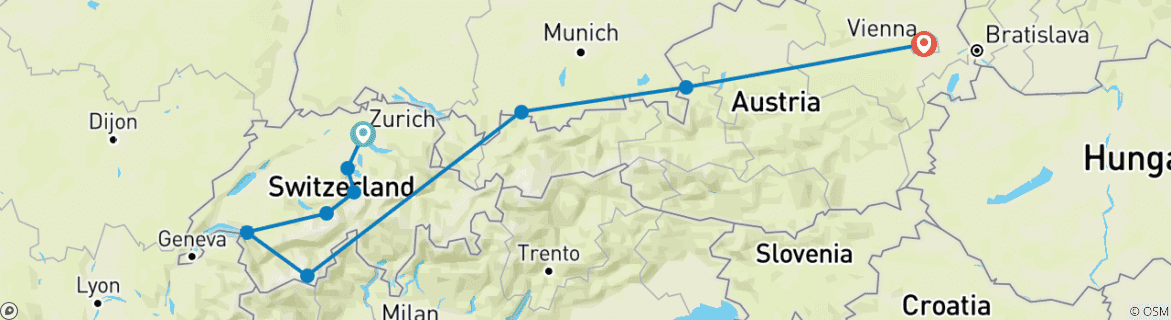 Carte du circuit Merveilles de la Suisse et de l'Autriche 2026 - 15 jours (from Zurich to Vienne)