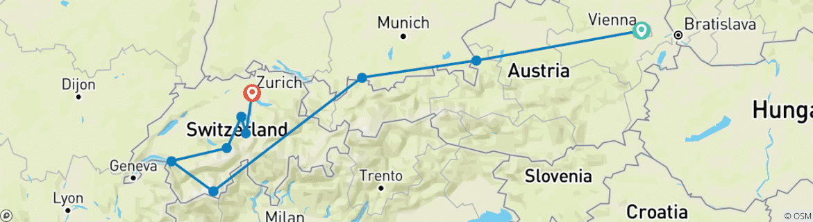 Carte du circuit Merveilles de la Suisse et de l'Autriche 2026 - 15 jours (from Vienne to Zurich)