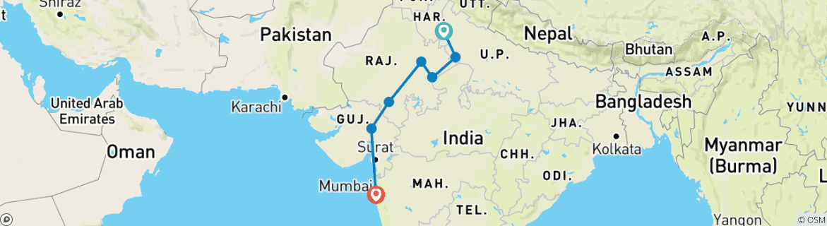 Image of a map showing the route of the tour