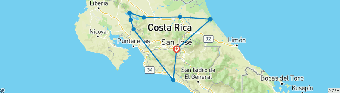 Image of a map showing the route of the tour