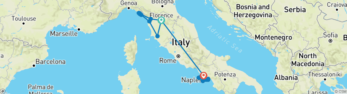 Image of a map showing the route of the tour