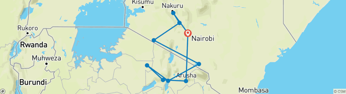 Image of a map showing the route of the tour