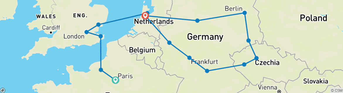 Image of a map showing the route of the tour