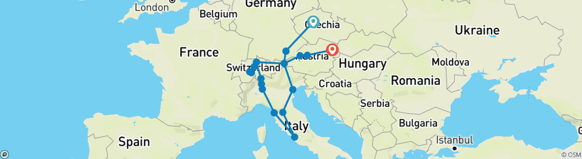 Karte von Mitteleuropa Rundreise (38 Destinationen)