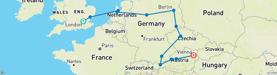 Image of a map showing the route of the tour