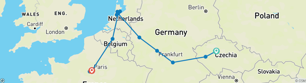 Mapa de De Praga a París GO