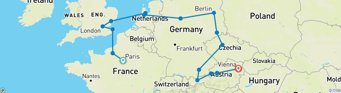 Image of a map showing the route of the tour