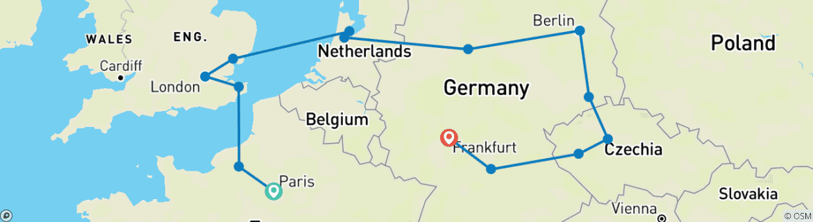 Image of a map showing the route of the tour