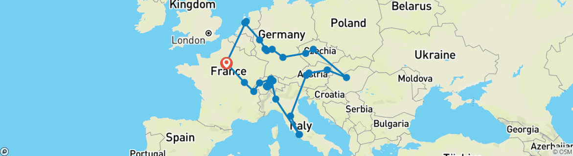 Image of a map showing the route of the tour